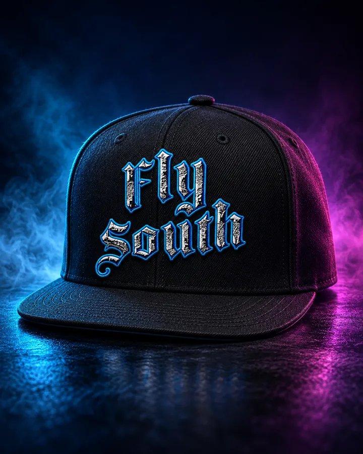 Black Fly South flat-brim cap concept mockup with blue-edged blackletter artwork in cyan and pink light
