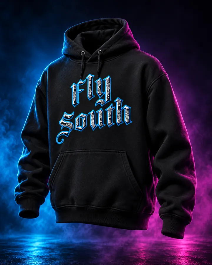 Black Fly South pullover hoodie concept mockup with blue-edged blackletter artwork in cyan and violet light